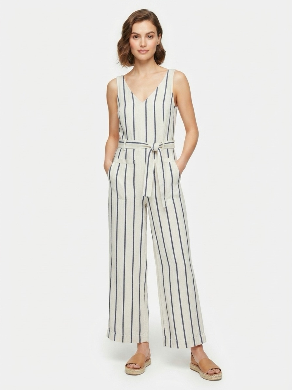 Madewell Pull On Jumpsuit Tie Waist Wide Leg Striped Cotton Linen White Navy XS